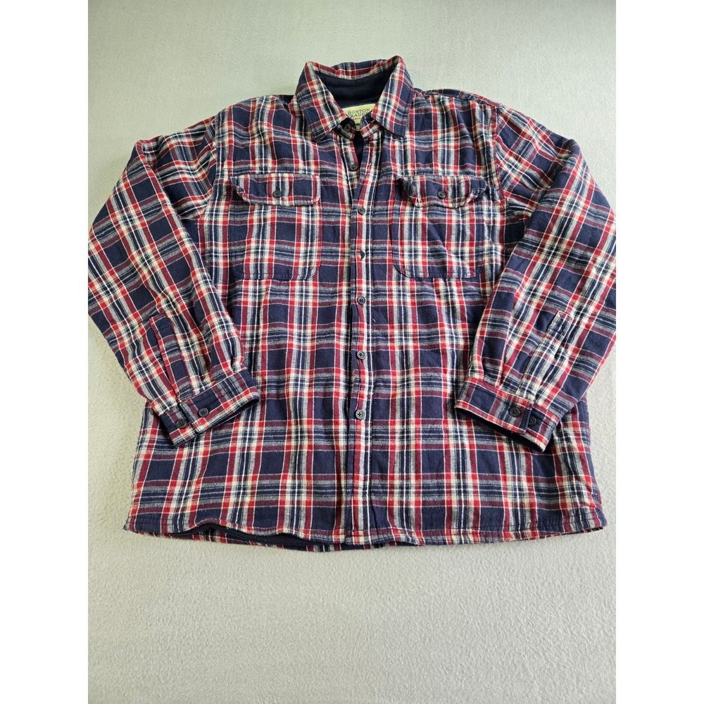 Boston Traders Fleece Lined Plaid Shirt Mens XL Navy Red Cotton Flannel Jacket